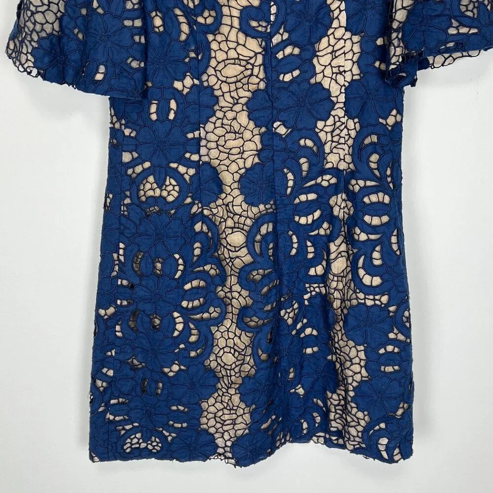Tracy Reese Womens Blue Lace Overlay Short Sleeve Dress Linen Cotton size 2 - Picture 7 of 10